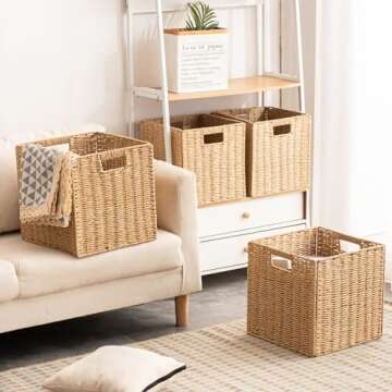 Foldable Storage Baskets with Handles Paper Rope Storage Baskets Rectangle Collapsible Hand Woven Storage Cubes Bins for Organizing Shelves Living Room Bedroom Pantry (4, 11'' x 11'' x 11'')