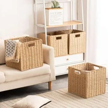 Foldable Storage Baskets with Handles Paper Rope Storage Baskets Rectangle Collapsible Hand Woven Storage Cubes Bins for Organizing Shelves Living Room Bedroom Pantry (4, 11'' x 11'' x 11'')
