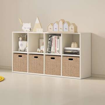 Foldable Storage Baskets with Handles Paper Rope Storage Baskets Rectangle Collapsible Hand Woven Storage Cubes Bins for Organizing Shelves Living Room Bedroom Pantry (4, 11'' x 11'' x 11'')