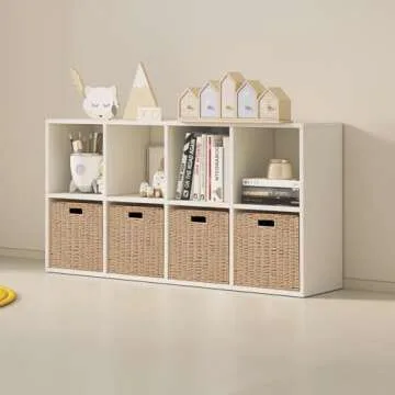 Foldable Storage Baskets with Handles Paper Rope Storage Baskets Rectangle Collapsible Hand Woven Storage Cubes Bins for Organizing Shelves Living Room Bedroom Pantry (4, 11'' x 11'' x 11'')