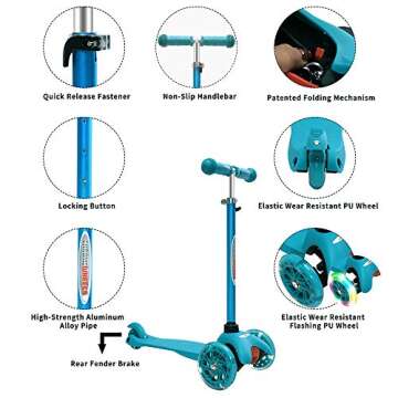 ChromeWheels Scooter for Kids, Deluxe 3 Wheel Scooter for Toddlers 4 Adjustable Height Glider with Kick Scooters, Lean to Steer with LED Flashing Light for Ages 3-6 Girls Boys, Aqua