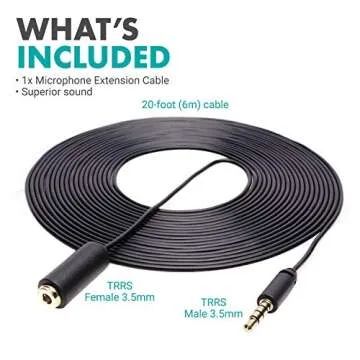 Movo 20ft 3.5mm TRRS Mic Extension Cord - Flexible Sound Quality