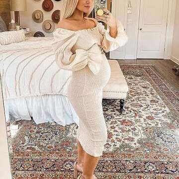 MOMNSUNNY Plaid Off Shoulder Bodycon Midi Smocked Maternity Dress Baby Shower Dress for Photography ...