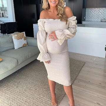 MOMNSUNNY Plaid Off Shoulder Bodycon Midi Smocked Maternity Dress Baby Shower Dress for Photography (Medium, Apricot)