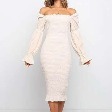 MOMNSUNNY Plaid Off Shoulder Bodycon Midi Smocked Maternity Dress Baby Shower Dress for Photography (Medium, Apricot)