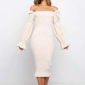 MOMNSUNNY Plaid Off Shoulder Bodycon Midi Smocked Maternity Dress Baby Shower Dress for Photography (Medium, Apricot)