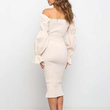 MOMNSUNNY Plaid Off Shoulder Bodycon Midi Smocked Maternity Dress Baby Shower Dress for Photography (Medium, Apricot)