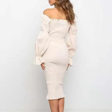 MOMNSUNNY Plaid Off Shoulder Bodycon Midi Smocked Maternity Dress Baby Shower Dress for Photography (Medium, Apricot)