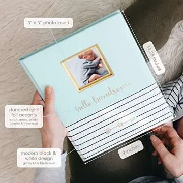 Pearhead Hello Handsome, First 5 Years Baby Memory Book with Photo Insert, Perfect Baby Keepsake, Blue 3x3 Inch (Pack of 1)