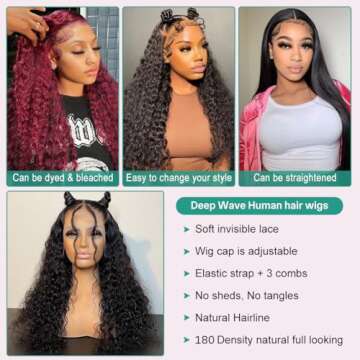 Ferzzon Deep Wave HD Lace Frontal Wigs Human Hair 13x4 HD Lace Front Wigs Deep Wave 180 Density Pre Plucked HD Lace Front Human Hair Wigs for Women Frontal Wig Natural Color (32 Inch)