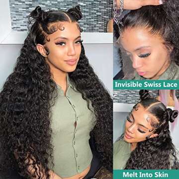 Ferzzon Deep Wave HD Lace Frontal Wigs Human Hair 13x4 HD Lace Front Wigs Deep Wave 180 Density Pre Plucked HD Lace Front Human Hair Wigs for Women Frontal Wig Natural Color (32 Inch)