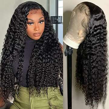 Ferzzon Deep Wave HD Lace Frontal Wigs Human Hair 13x4 HD Lace Front Wigs Deep Wave 180 Density Pre Plucked HD Lace Front Human Hair Wigs for Women Frontal Wig Natural Color (32 Inch)