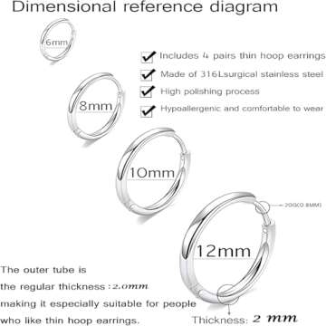 Gabry&jwl 316L Surgical Stainless Steel Hoop Earrings 6mm 8mm 10mm 12mm Silver Huggie Earrings Hypoa...