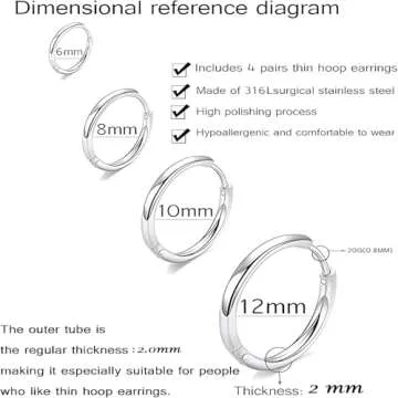 Gabry&jwl 316L Surgical Stainless Steel Hoop Earrings 6mm 8mm 10mm 12mm Silver Huggie Earrings Hypoa...