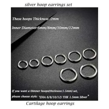 Gabry&jwl 316L Surgical Stainless Steel Hoop Earrings 6mm 8mm 10mm 12mm Silver Huggie Earrings Hypoallergenic Cartilage Hoop Earrings Helix Lobes Hinged Sleeper Earrings For Women Men
