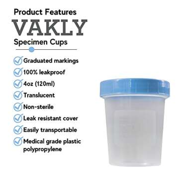 Specimen Cups With Leak Proof Screw on Lids - 4oz [Pack of 50] Clear Non-Sterile Urine Sample Jars -...
