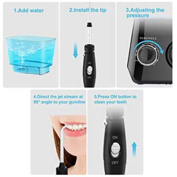 TUREWELL Water Flossing Oral Irrigator, 600ML Dental Teeth Cleaner 10 Adjustable Pressure, Electric Oral Flosser for Braces, 8 Replacement Jet Tips for Family (Black)