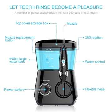 TUREWELL Water Flossing Oral Irrigator, 600ML Dental Teeth Cleaner 10 Adjustable Pressure, Electric Oral Flosser for Braces, 8 Replacement Jet Tips for Family (Black)