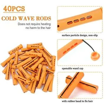 40pcs Cold Wave Perm Rods Set for Women's Long & Short Natural Hair - Plastic Orange Rollers for Cur...