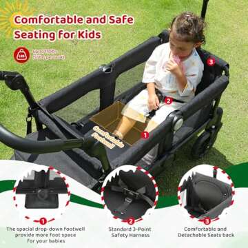 ELEMARA Wagon Stroller for 2 Kids, Premium All-Terrain Stroller Wagon, Collapsible Kids Wagon with Canopy, Adjustable Push/Pull Handle Bar, Comfortable drop-down footwell and Upholstered Seats, Black