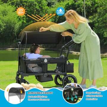 ELEMARA Wagon Stroller for 2 Kids, Premium All-Terrain Stroller Wagon, Collapsible Kids Wagon with Canopy, Adjustable Push/Pull Handle Bar, Comfortable drop-down footwell and Upholstered Seats, Black
