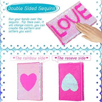 Outus Sequin Girls Journal Set with 4 Pieces Color Gel Ink Pens Reversible Diary Flip Sequin Notebook Glitter Writing Journal for Girls Teens Valentine's Day Gifts(AB Color,Heart)