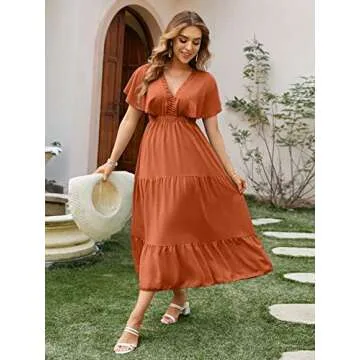 Amegoya Women's Summer Boho Casual Short Sleeve V Neck Maxi Dresses High Waist Beach Flowy Ruffle Long Dress(L Pumpkin Color-New)