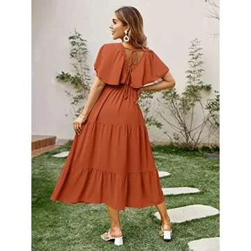 Amegoya Women's Summer Boho Casual Short Sleeve V Neck Maxi Dresses High Waist Beach Flowy Ruffle Long Dress(L Pumpkin Color-New)