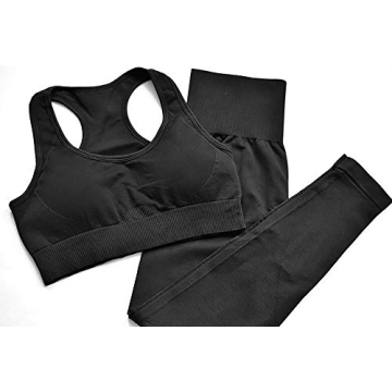 Hotexy Women Workout Set Outfit Tracksuits Seamless Yoga Leggings with Sports Bra Gym Clothes Set Dark Black