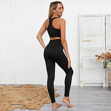 Hotexy Women Workout Set Outfit Tracksuits Seamless Yoga Leggings with Sports Bra Gym Clothes Set Dark Black