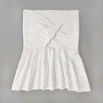 MISSACTIVER Women Twist Knot Knit Bandeau Tube Top Embroidery Strapless Off Shoulder Backless Hollow Crop Tank Corset Top White