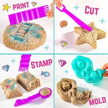 GirlZone Mermaid Sensory Sand Kit, 2lbs Moldable Play Sand for Kids Aged 3+, Magic Sand with Gems, Tools & Portable Treasure Chest, Kids Toys for Playdates, Party Games & Gifting
