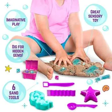 GirlZone Mermaid Sensory Sand Kit, 2lbs Moldable Play Sand for Kids Aged 3+, Magic Sand with Gems, Tools & Portable Treasure Chest, Kids Toys for Playdates, Party Games & Gifting