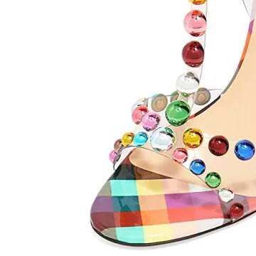 FSJ Women Sexy Clear Strappy Golden High Heels Sandals Open Toe T-Strap Pumps Evening Prom Party Shoes Size 8 Plaid