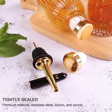 Furnizone Glass Syrup Dispenser Set - 4 Pack 7oz Bottles with Metal Pour Spouts, Stoppers, Spoons for Coffee, Tea, Vanilla, Caramel, Honey