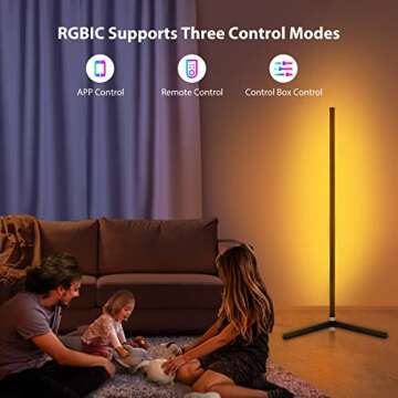 WISIMMALL 2PCS RGB Corner Floor Lamp, 64.5" RGB Color Changing Mood Light Bluetooth APP and Remote Control Music Sync LED 398 Dimmable Modes Modern Floor Lamp for Living Room, Light Timing