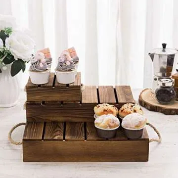 MyGift Burnt Wood Rustic Cake Stand Risers for Display, Wooden Pallets Style Tiered Dessert Stand, Cupcake Display Boxes with Rope Handles, Set of 3