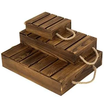 MyGift Burnt Wood Rustic Cake Stand Risers for Display, Wooden Pallets Style Tiered Dessert Stand, Cupcake Display Boxes with Rope Handles, Set of 3