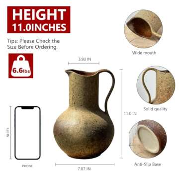 Brown Ceramic Pitcher Flower Vase with Handle, Large Rustic Farmhouse Jug Vase,11'' Vintage Floor Te...