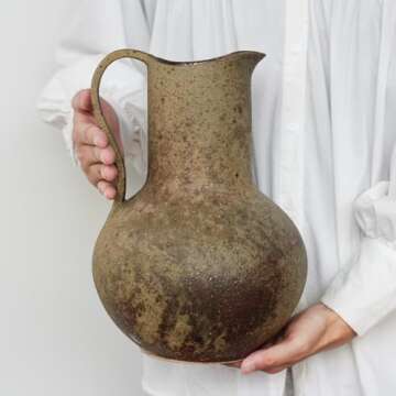 Brown Ceramic Pitcher Flower Vase with Handle, Large Rustic Farmhouse Jug Vase,11'' Vintage Floor Terracotta Pottery Handmade Stoneware Clay Decorative Vase for Home Living Room Kitchen Table Decor