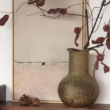 Brown Ceramic Pitcher Flower Vase with Handle, Large Rustic Farmhouse Jug Vase,11'' Vintage Floor Terracotta Pottery Handmade Stoneware Clay Decorative Vase for Home Living Room Kitchen Table Decor