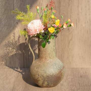 Brown Ceramic Pitcher Flower Vase with Handle, Large Rustic Farmhouse Jug Vase,11'' Vintage Floor Terracotta Pottery Handmade Stoneware Clay Decorative Vase for Home Living Room Kitchen Table Decor
