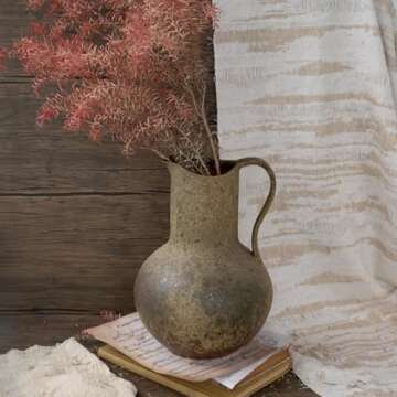 Brown Ceramic Pitcher Flower Vase with Handle, Large Rustic Farmhouse Jug Vase,11'' Vintage Floor Terracotta Pottery Handmade Stoneware Clay Decorative Vase for Home Living Room Kitchen Table Decor