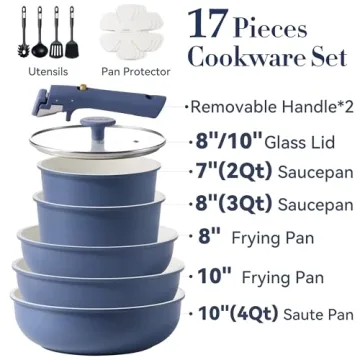 CAROTE 17pcs Pots and Pans Set, Nonstick Cookware Set Detachable Handle, Induction Kitchen Cookware ...
