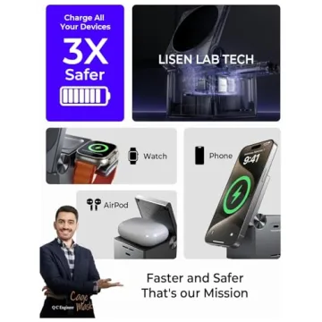 LISEN 3 in 1 Charging Station Apple, for iPhone Wireless Charging Station for Apple Magsafe Charger Stand Cube, Travel Magsafe Charging Station for iPhone 16 15 and Watch, Gifts for Men Women, Black