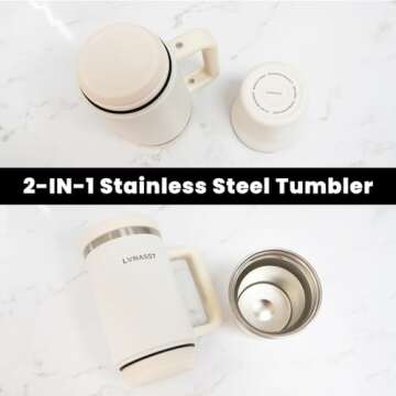 LVNASST Tumbler with Handle and Straw Lid, 2-IN-1 Stainless Steel Reusable Coffee Travel Mug Leakproof, Insulated Water Bottle Cup Holder Friendly, 30 oz Top & 10 oz Bottom (White)