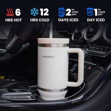 LVNASST Tumbler with Handle and Straw Lid, 2-IN-1 Stainless Steel Reusable Coffee Travel Mug Leakproof, Insulated Water Bottle Cup Holder Friendly, 30 oz Top & 10 oz Bottom (White)
