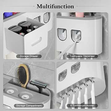 Toothbrush Holder Wall Mounted, EAGMAK Automatic Toothpaste Dispenser Squeezer Kit, Bathroom Organization and Storage with 1 Cosmetic Drawer, 2 Magnetic Cups, 6 Toothbrush Slots and Storage Shelf