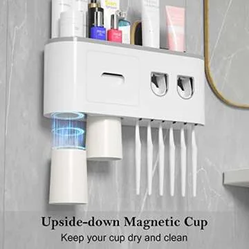 Toothbrush Holder Wall Mounted, EAGMAK Automatic Toothpaste Dispenser Squeezer Kit, Bathroom Organization and Storage with 1 Cosmetic Drawer, 2 Magnetic Cups, 6 Toothbrush Slots and Storage Shelf