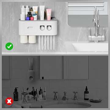 Toothbrush Holder Wall Mounted, EAGMAK Automatic Toothpaste Dispenser Squeezer Kit, Bathroom Organization and Storage with 1 Cosmetic Drawer, 2 Magnetic Cups, 6 Toothbrush Slots and Storage Shelf